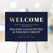 Elegant navy and gold welcome sign for a corporate anniversary dinner, customizable event details.