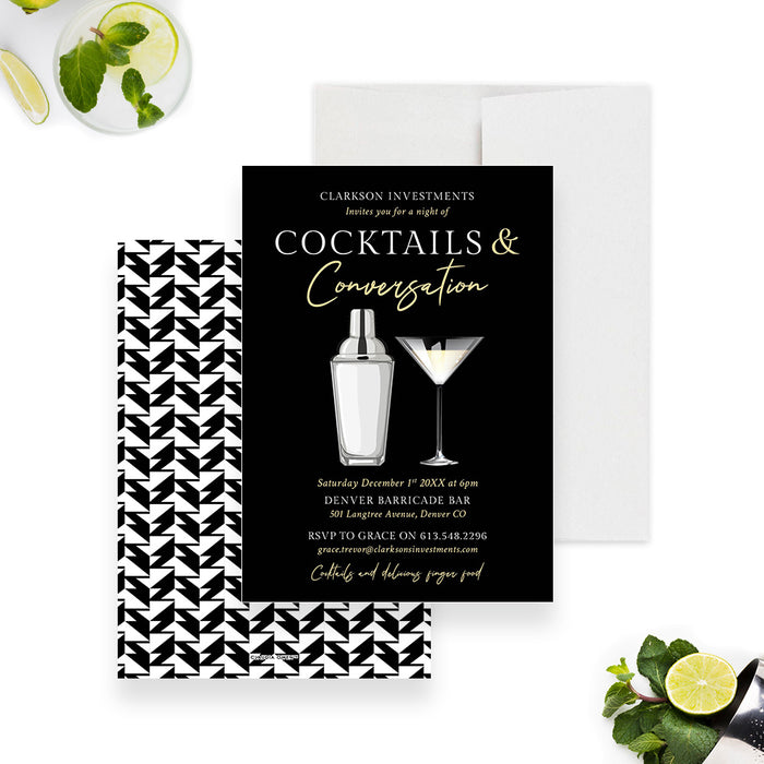 Business happy hour invitation with cocktail drink and shaker design