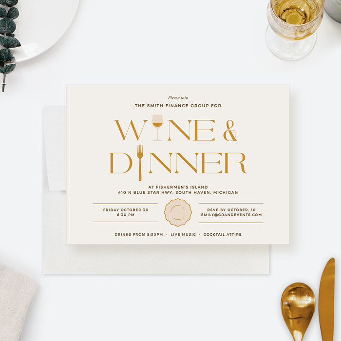 An elegant wine and dinner invitation card with an off-white background, featuring an illustration of a wine glass and fork, and text that includes the event details and the name of the smith finance group.