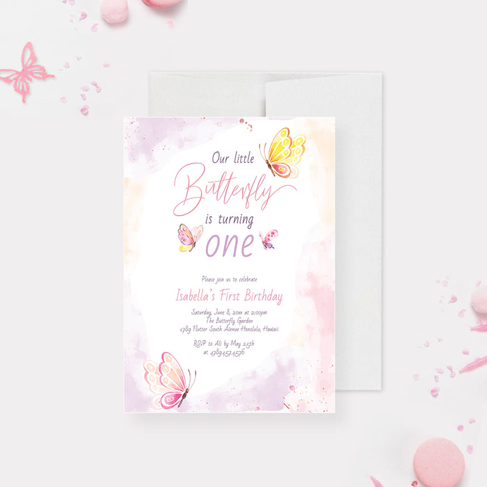 Butterfly birthday invitation template with soft pastel watercolor background and delicate butterfly illustrations for a girl’s party