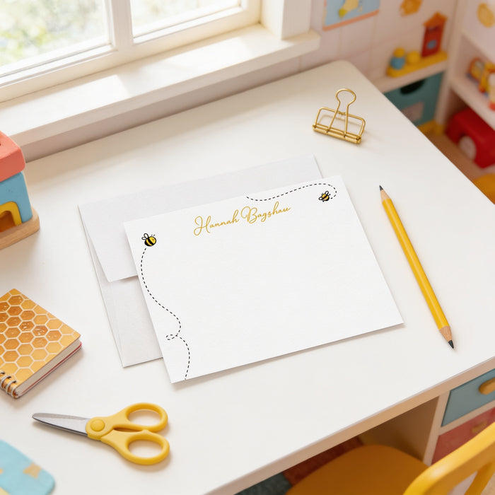 A white desk with a yellow pencil, a yellow stapler, and a yellow binder, along with a blank card and a small toy.