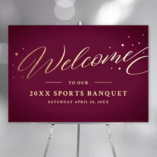 Elegant burgundy and gold sports banquet welcome sign with personalized name and date, designed for formal events, receptions, and award ceremonies.