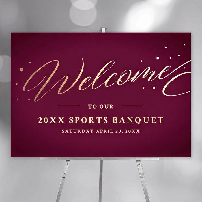 Elegant burgundy and gold sports banquet welcome sign with personalized name and date, designed for formal events, receptions, and award ceremonies.