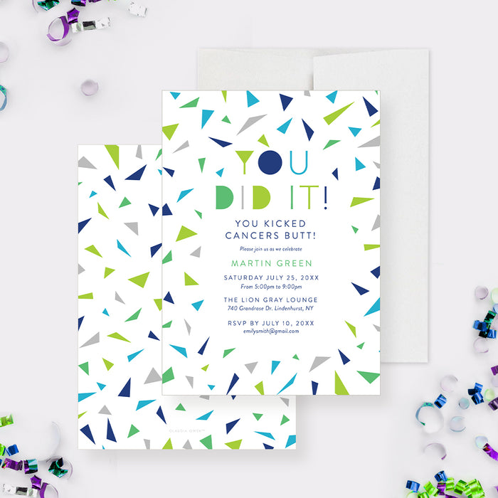 Cancer free celebration party invitation with colorful lettering and confetti-front-back
