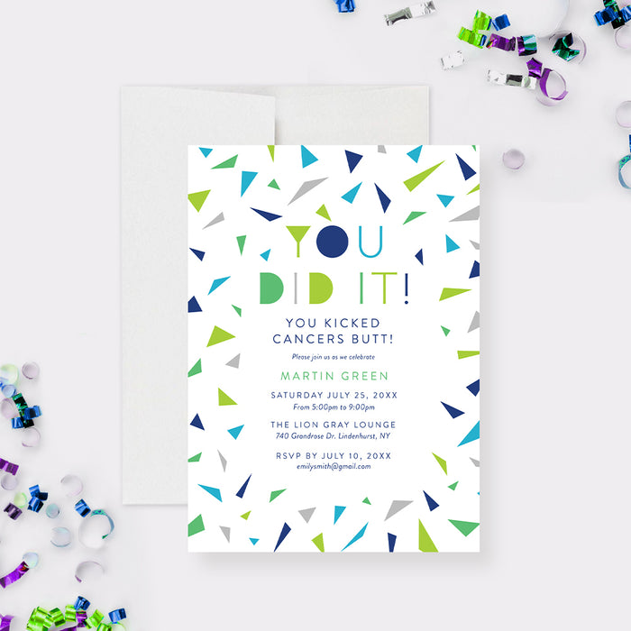 Cancer free celebration party invitation with colorful lettering and confetti-front