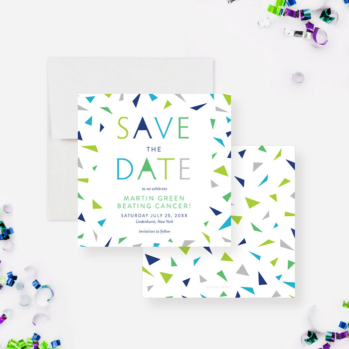 Cancer-free save the date card with green and blue lettering and confetti design-front-back