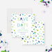Cancer-free save the date card with green and blue lettering and confetti design-front-back