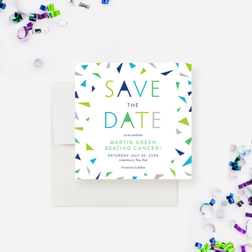 Cancer-free save the date card with green and blue lettering and confetti design-front