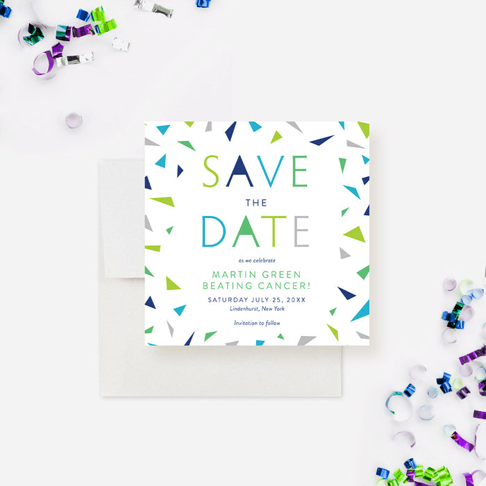 Cancer-free save the date card with green and blue lettering and confetti design-front