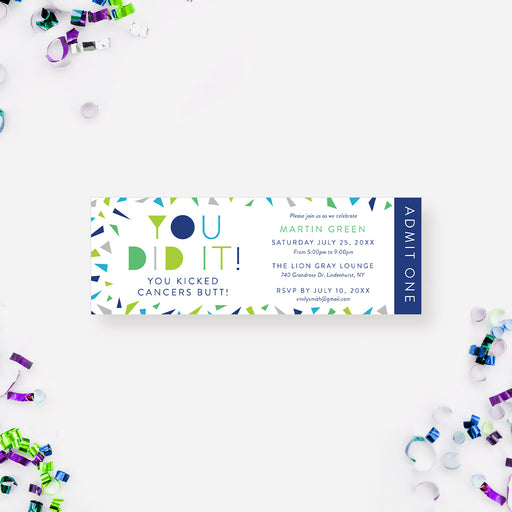 Cancer-free party ticket invitation with colorful lettering and confetti