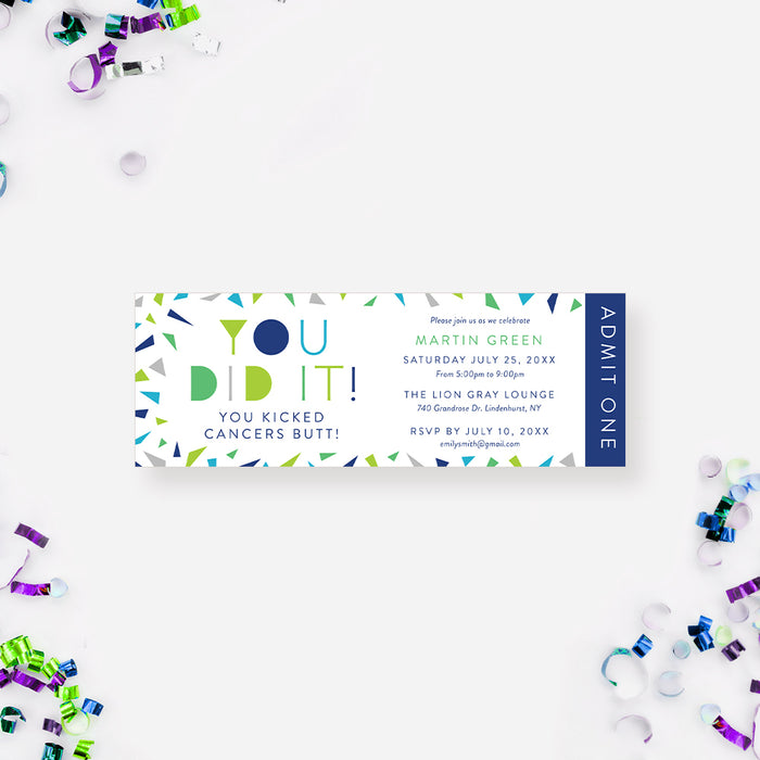 Cancer-free party ticket invitation with colorful lettering and confetti
