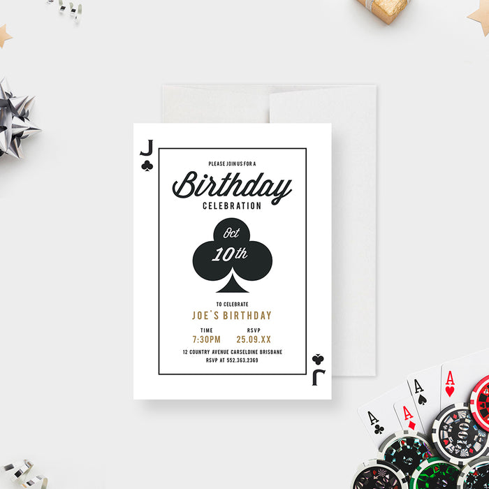 Casino birthday invitation with poker playing card design in black and white