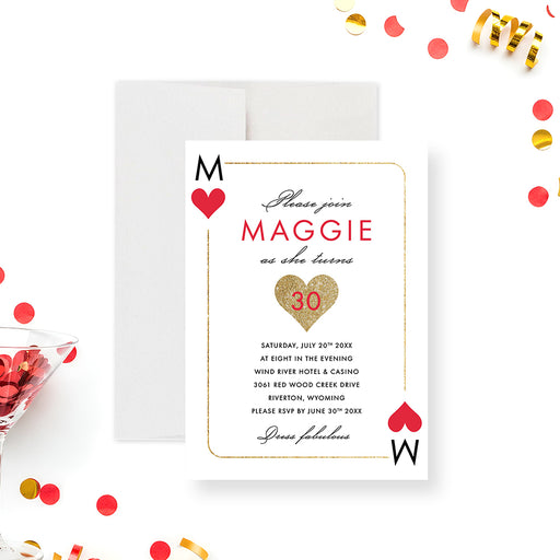 Queen of Hearts playing card 30th birthday invitation with elegant casino-inspired design-front