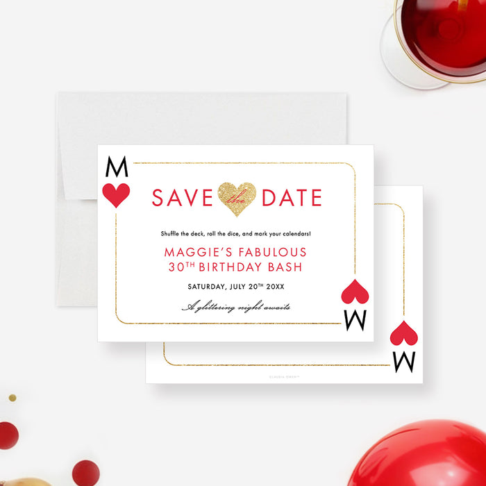 Queen of Hearts casino themed birthday save the date card with elegant playing card inspired design-front-back