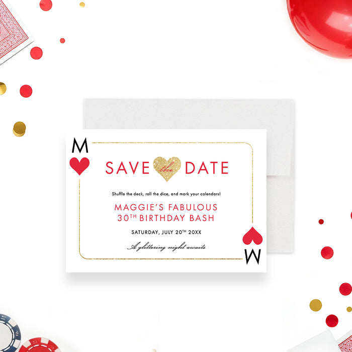 Queen of Hearts casino themed birthday save the date card with elegant playing card inspired design-front