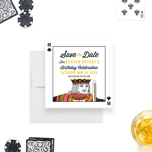 a casino birthday save the date card with a king clubs