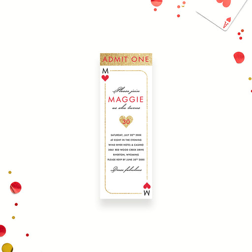 Queen of Hearts playing card 30th birthday ticket invitation with elegant casino-inspired design