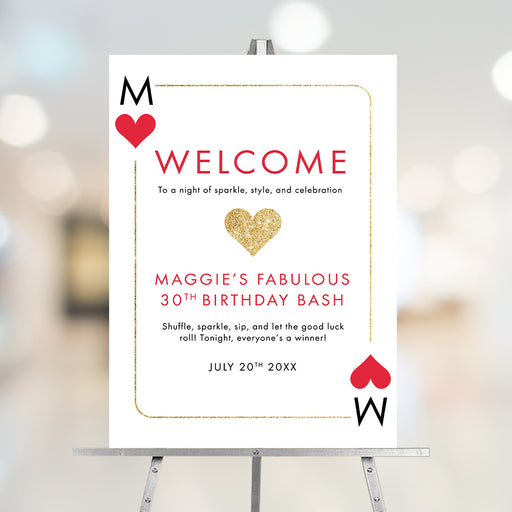 casino-themed birthday welcome sign with Queen of Hearts playing card design