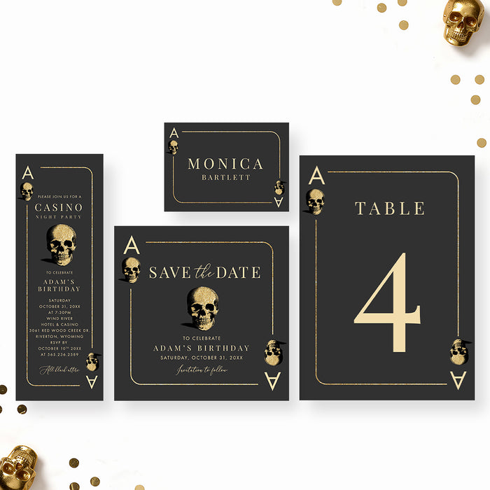 Casino Night Birthday Party Invitation with Skull Playing Card Design