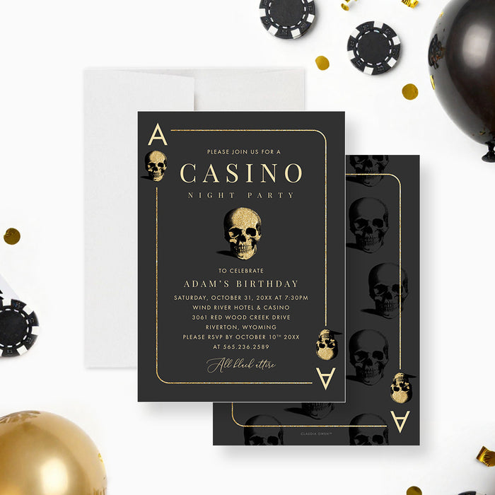 Black casino night birthday party invitation styled as an ace playing card with gold skull illustrations, border and personalized event details-front-back