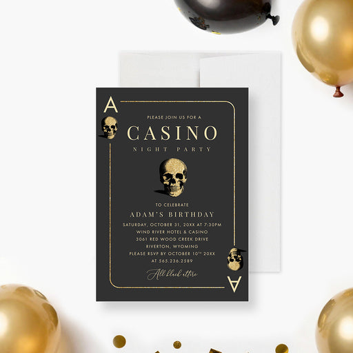 Black casino night birthday party invitation styled as an ace playing card with gold skull illustrations, border and personalized event details-front