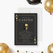 Black casino night birthday party invitation styled as an ace playing card with gold skull illustrations, border and personalized event details-front