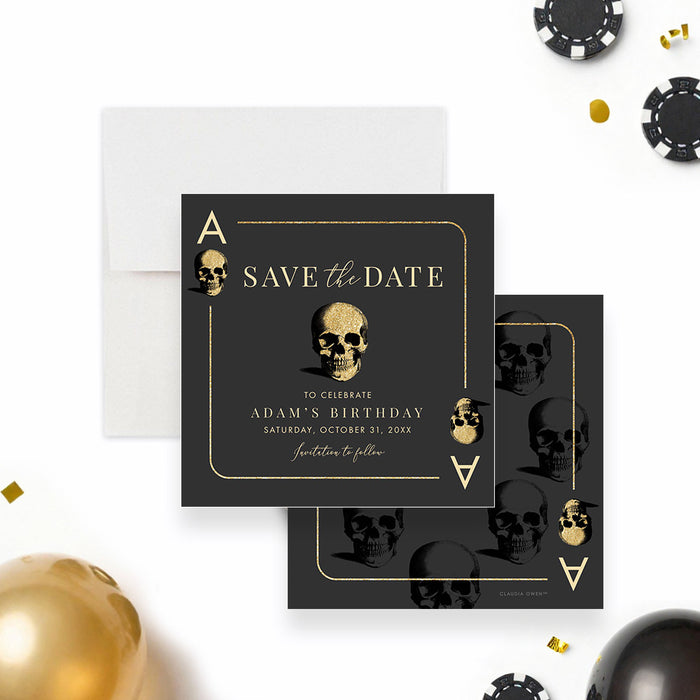 Black casino night birthday save the date card styled as an ace playing card with gold skull illustrations, name and event date-front-back
