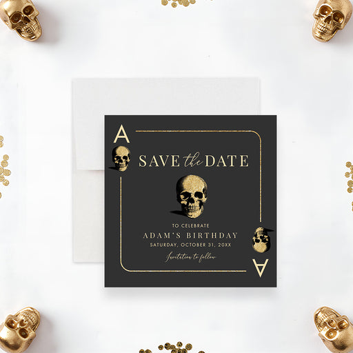 Black casino night birthday save the date card styled as an ace playing card with gold skull illustrations, name and event date-front
