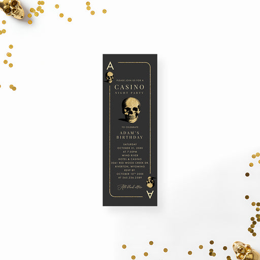 Black casino night birthday ticket invitation styled as an ace playing card with gold skull illustrations, border and personalized event details