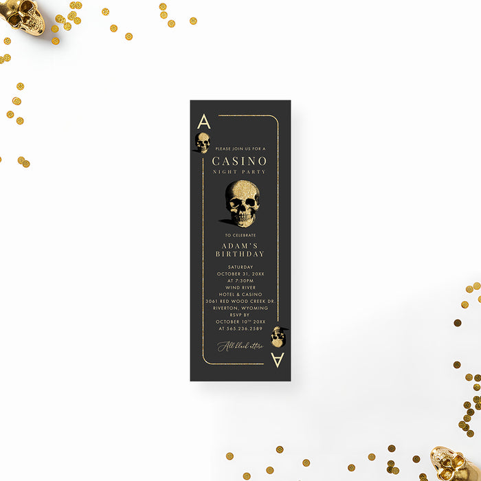 Black casino night birthday ticket invitation styled as an ace playing card with gold skull illustrations, border and personalized event details