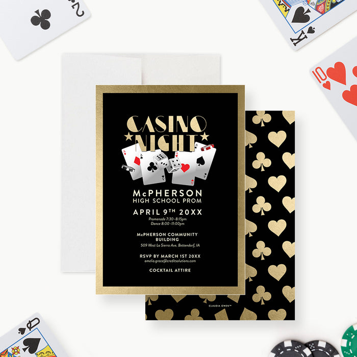 Black and gold casino night invitation featuring playing cards, dice, and poker chips-front-back