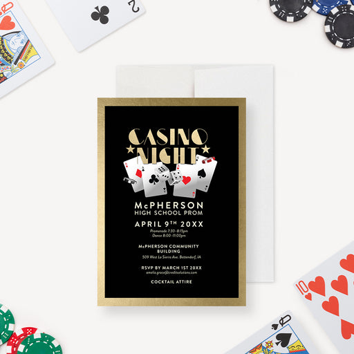 Black and gold casino night invitation featuring playing cards, dice, and poker chips-front