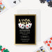 Black and gold casino night invitation featuring playing cards, dice, and poker chips-front