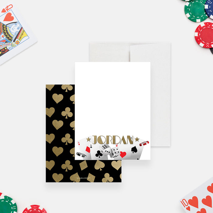 Customized casino-themed note card featuring playing cards, dice, and poker chips.-front-back