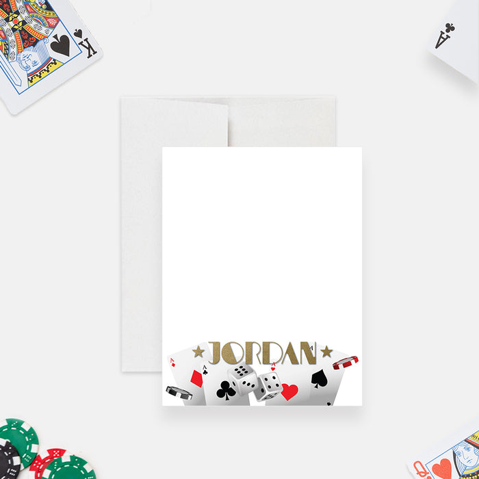 Customized casino-themed note card featuring playing cards, dice, and poker chips.-front