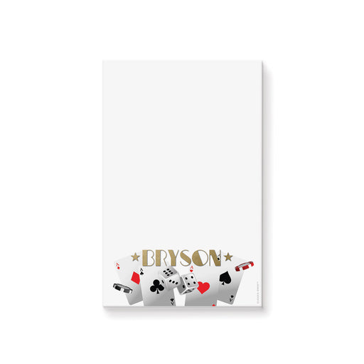 Casino night personalized notepad featuring playing cards, dice, poker chips, and name