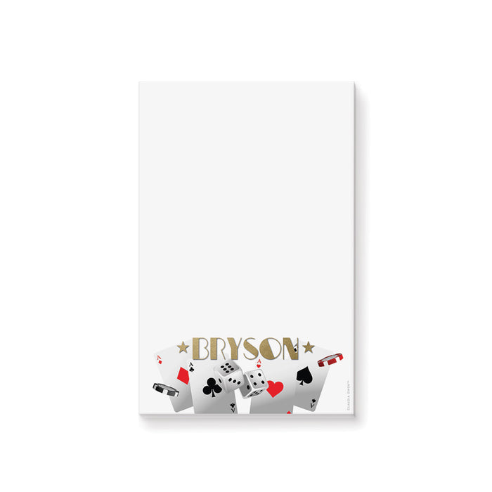 Casino night personalized notepad featuring playing cards, dice, poker chips, and name