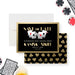 Black and gold casino night save the date card with dice, cards, and poker chips for school prom parties-front-back