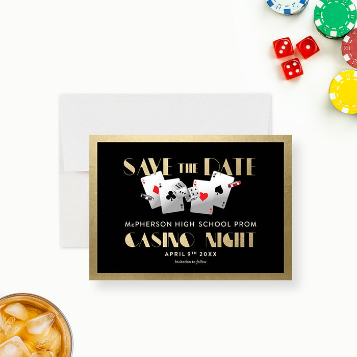Black and gold casino night save the date card with dice, cards, and poker chips for school prom parties-front