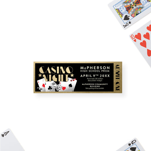 Casino night admission ticket invitation featuring playing cards, dice, and poker chips