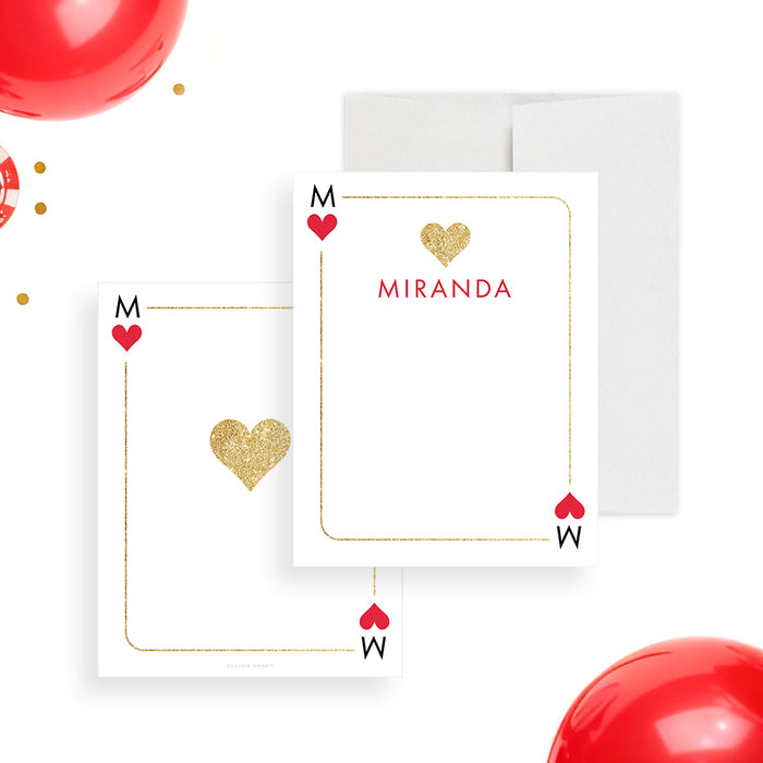 Queen of Hearts note card with gold heart accents and custom name on elegant casino-inspired stationery-front-back