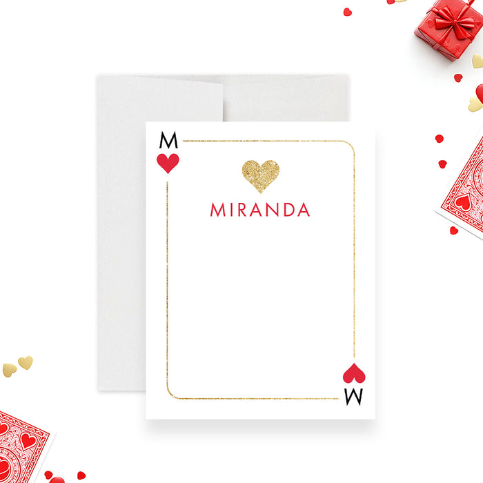 Queen of Hearts note card with gold heart accents and custom name on elegant casino-inspired stationery-front