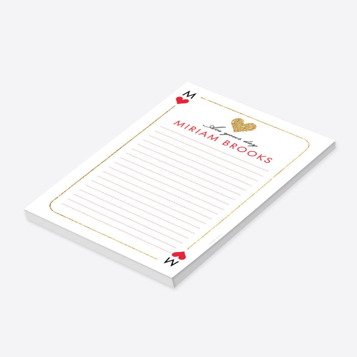 Queen of Hearts personalized notepad with casino-inspired playing card design for party favors and gifts-side
