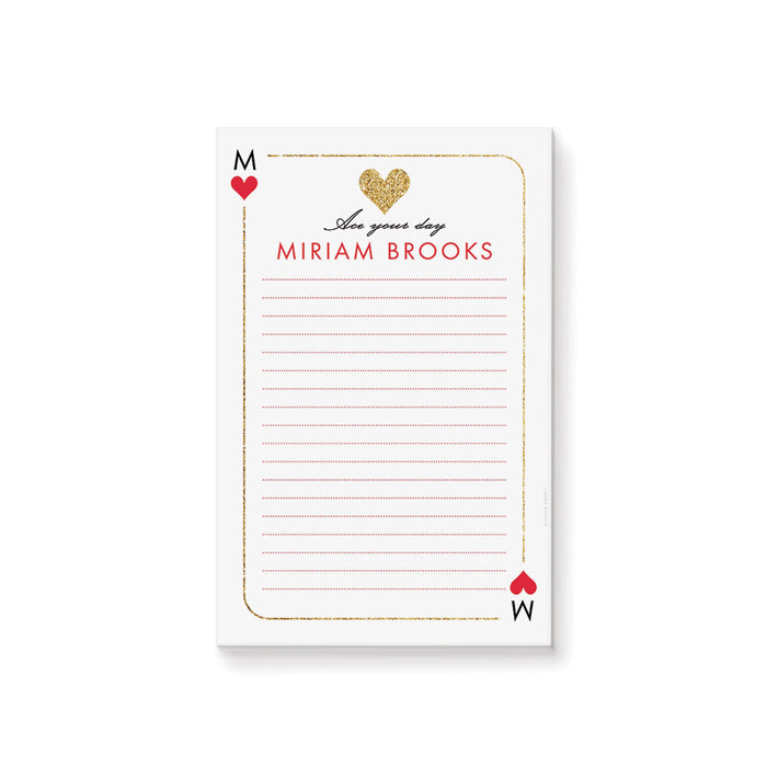Queen of Hearts personalized notepad with casino-inspired playing card design for party favors and gifts