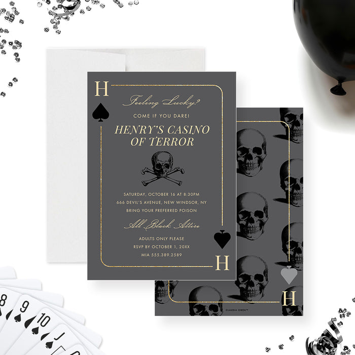 Dark casino-themed birthday invitation with a playing card, black spade icon, and skull illustration.-front-back