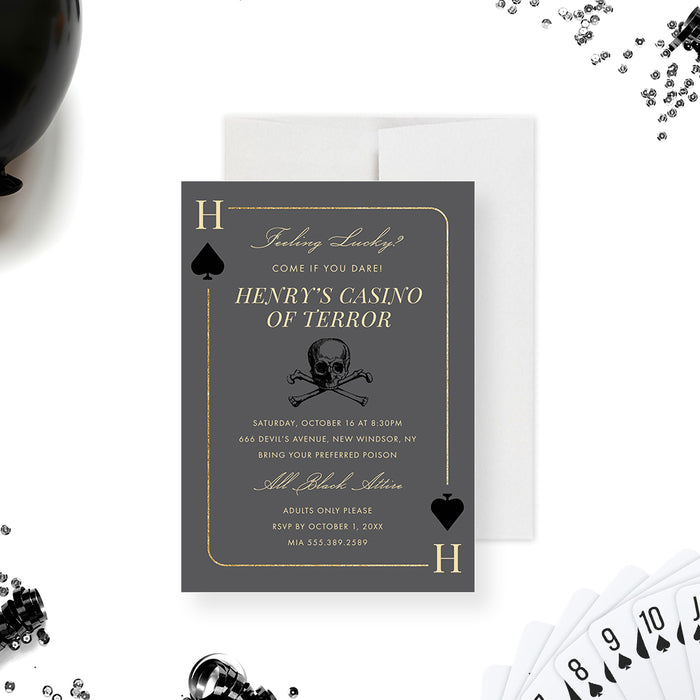 Dark casino-themed birthday invitation with a playing card, black spade icon, and skull illustration.-front