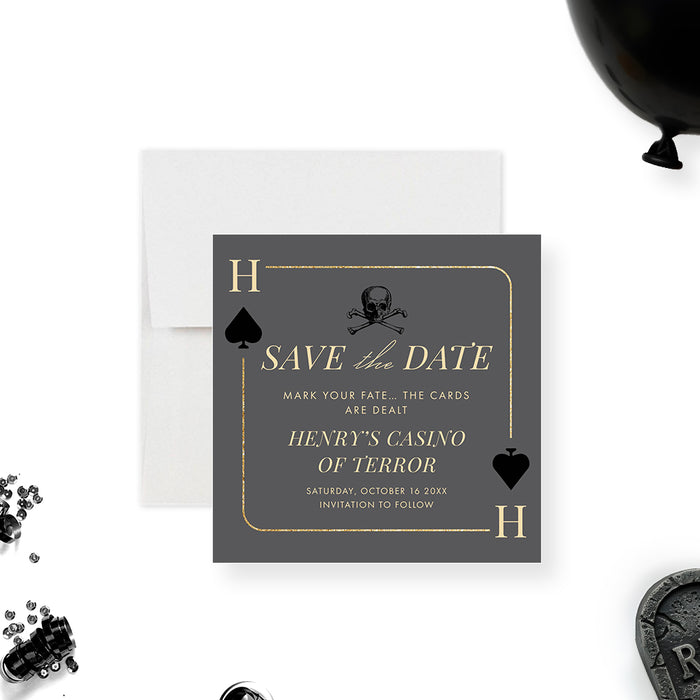 Casino-themed save the date card featuring a black spade icon and skull design for Las Vegas poker night celebrations.-front