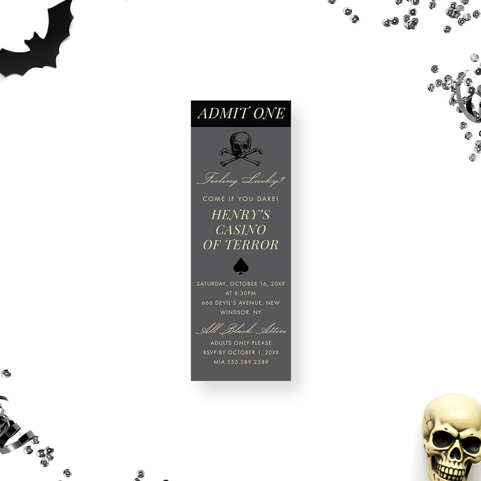 Casino ticket invitation with a skull and spade design, entry pass for a Las Vegas night of terror.