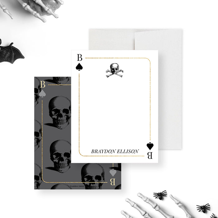 Gothic note card with skull and spade playing card design, ideal for casino-themed party favors.-front-back
