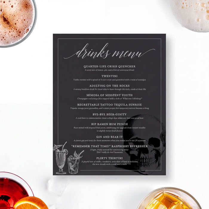 a drinks menu with various drink options, including a cocktail, a glass of beer, and a glass of orange juice.